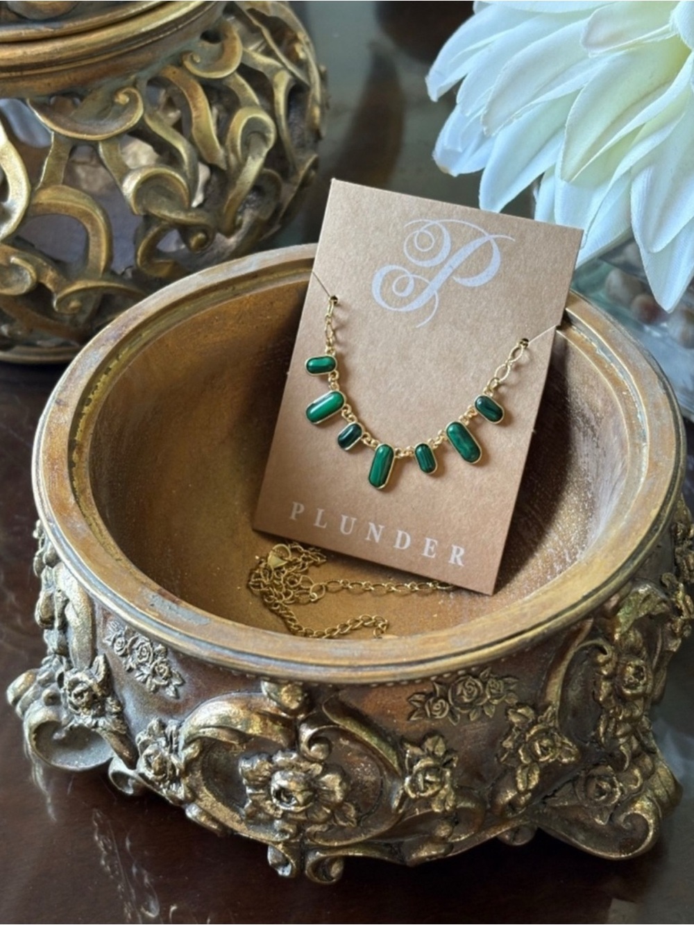 Goldtone Necklace with Green Mini Pendants by Plunder Design Private Label